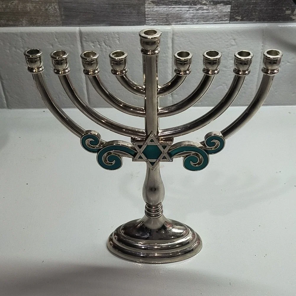 Silver Tone Hanukkah Menorah Star of David Turquoise Enamel Accents Holiday